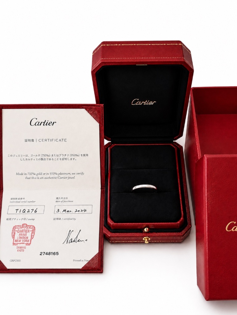 Authentic Cartier Platinum 950 Wedding Band Ring Size 54 Full Set Box & Certific